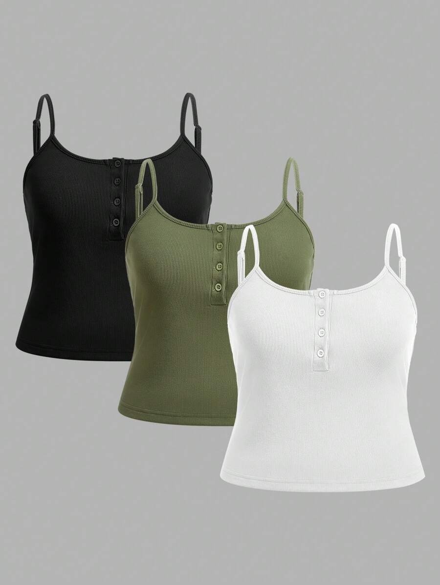 Flirla Plus Size Women Button Decor Ribbed Spaghetti Strap Casual Camisole - Multicolor - View 1