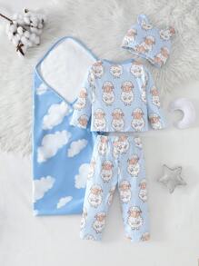 1 set Traje de niña bebé con estampado de ovejas lindos, que incluye 2 piezas: top de manga larga + pantalones con sombrero y almohadilla, conjunto de ropa para estar en casa - Multicolor - Ver 2