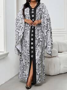 SHEIN Lady Vestido caftán de cuello en V recto con abertura en la manga, elegante, en negro tejido, para primavera, verano, otoño e invierno, de talla grande, vestido de diosa griega, vestido de leopardo, vestido formal, vestido para vacaciones