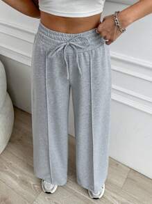 EURMUSE Women Solid Color High Waist Wide Leg Pants - Grey - View 7