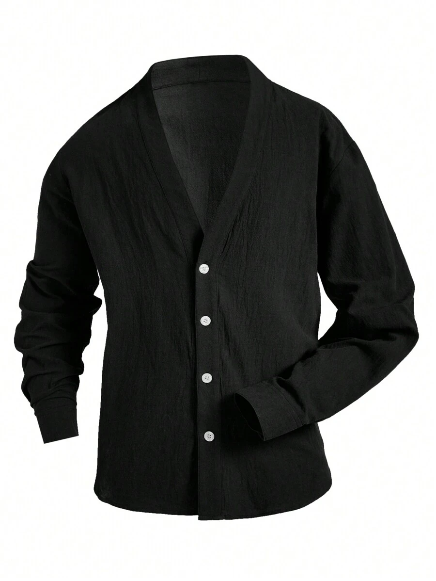 Manfinity Homme Men's Solid Color V-Neck Long Sleeve Casual Commuter Shirt, Spring & Autumn - Black - View 1