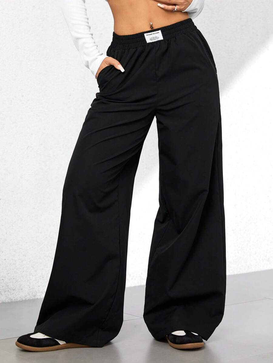 SHEIN PETITE 秋冬宽松休闲度假长袖黑色直筒长裤 - 黑色 - 查看 1