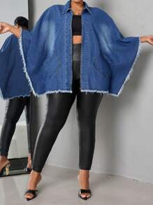 SHEIN CURVE+ 大码纯色磨边翻领休闲牛仔夹克