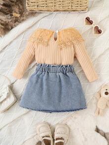 SHEIN 女婴优雅甜美网眼撞色长袖上衣和破洞牛仔裙 2 件套服装，春秋装