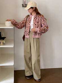 DAZY Women Casual Leopard Print Collar Fluffy Jacket, Autumn/Winter Cheetah Print - Pink - View 6