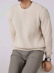 Manfinity Homme Men's Solid Color Plain Crew Neck Long Sleeve Simple Pullover Sweater, Casual Everyday Wear, For Couple, Work, For Fall Winter