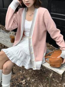 DAZY Áo khoác cardigan dệt kim rộng cổ chữ V phối màu cho nữ, đa năng, thời trang mùa thu - Hồng - Xem 8