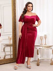 SHEIN Belle 勃艮第红色大码优雅露肩修身圣诞派对礼服