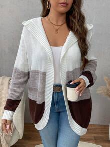 SHEIN Clasi Cárdigan con capucha casual de tallas grandes de bloque de color sin botones con bajo redondeado, vestido de invierno para mujer, ropa de otoño para curvas, país, atuendo de mujer occidental, bohemio