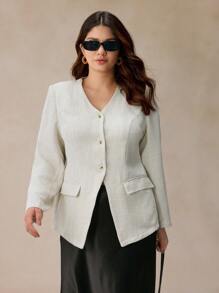 Elaquor Veste élégante pour femmes en grande taille, de couleur unie, col en V, manches longues, simple boutonnage, pour l'automne - Multicolore - Voir 3