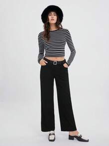SHEIN EZwear 女士灯芯绒简约日常长裤 - 黑色 - 查看 4
