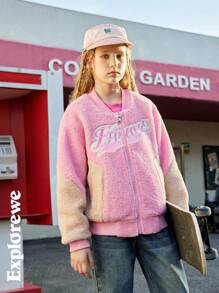 SHEIN 少女休闲都市风酷炫印花棒球夹克，蓬松外套，适合都市街头摄影和日常穿着。 - 粉色 - 查看 5