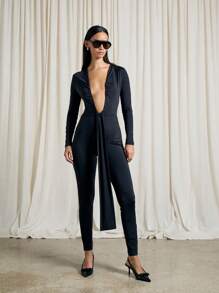 AiiRZ Plunge Neck Draped Front Detail Unitard Jumpsuit - Black - View 1