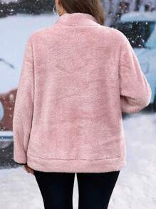 SHEIN LUNE 大码女式休闲半拉链前袋鼠口袋毛绒运动衫，秋冬款 - 粉色 - 查看 2