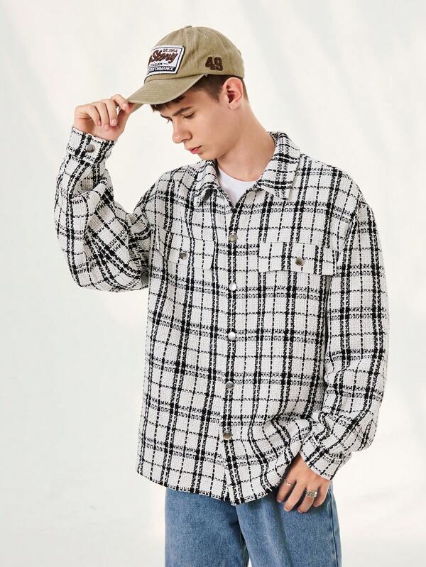 SHEIN TeenBoys 1pc Casual And Versatile Japanese And Korean Street Style Warm Lapel Denim Plaid Loose Jacket Back To School; Fall Outfits; Teen Boy Clothes; Teen Boy Jackets Autumn/Winter