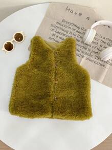 SHEIN Conjunto de 3 piezas de ropa para bebé niña con: Top de manga larga con cuello de tortuga a rayas, chaleco de peluche y pantalones largos acanalados gruesos, para otoño e invierno