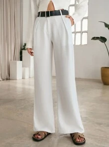 RueChic Dames effen linnen broek met riem en middelhoge taille