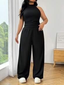 SHEIN EZwear 2 Piezas Conjunto de top halter y pantalones de talla grande para mujer, color negro