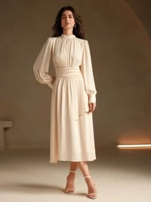 Anewsta Elegante vestido de mujer con mangas largas y cintura recogida en jacquard, atuendo de mujer largo para otoño