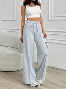 EURMUSE Women Solid Color High Waist Wide Leg Pants - Grey - View 5