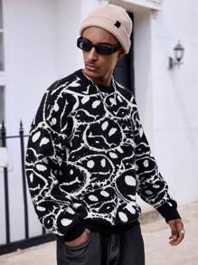 Pull col ras-du-cou à manches longues imprimé all-over pour hommes - Noir - Voir 4
