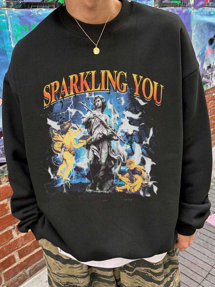 Letter Print Thermal Lined Pullover Sweatshirt For Men, Autumn