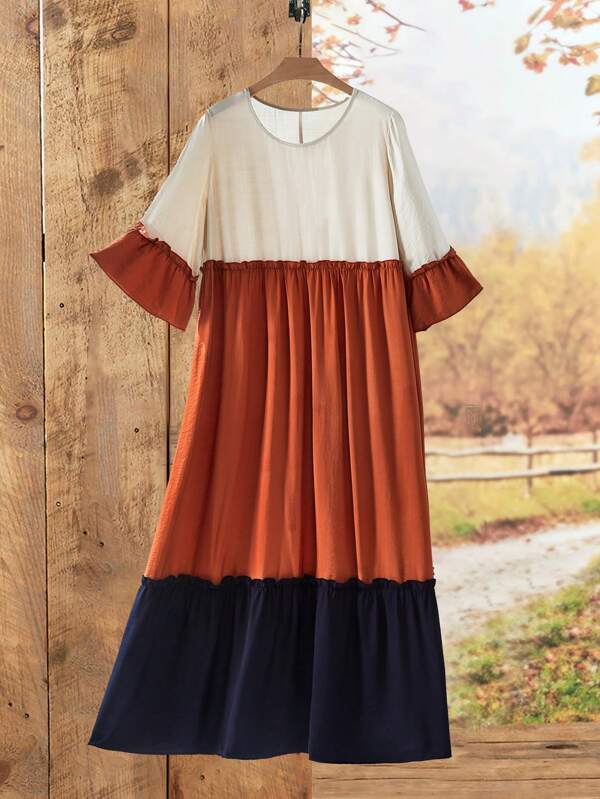 EMERY ROSE Plus Size Three-Tone Color Block Long Flare Sleeve Country Dress,Winter Dress