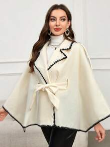 Modelyn Women's Contrast Binding Lapel Collar Batwing Sleeve Self-Tie Belt Cape Overcoat