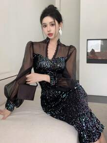 DAZY 女士亮片拼接中长款派对礼服/舞会礼服，秋季长袖连衣裙，奢华新年女士服装，嘉年华闪亮连衣裙 - 黑色 - 查看 2