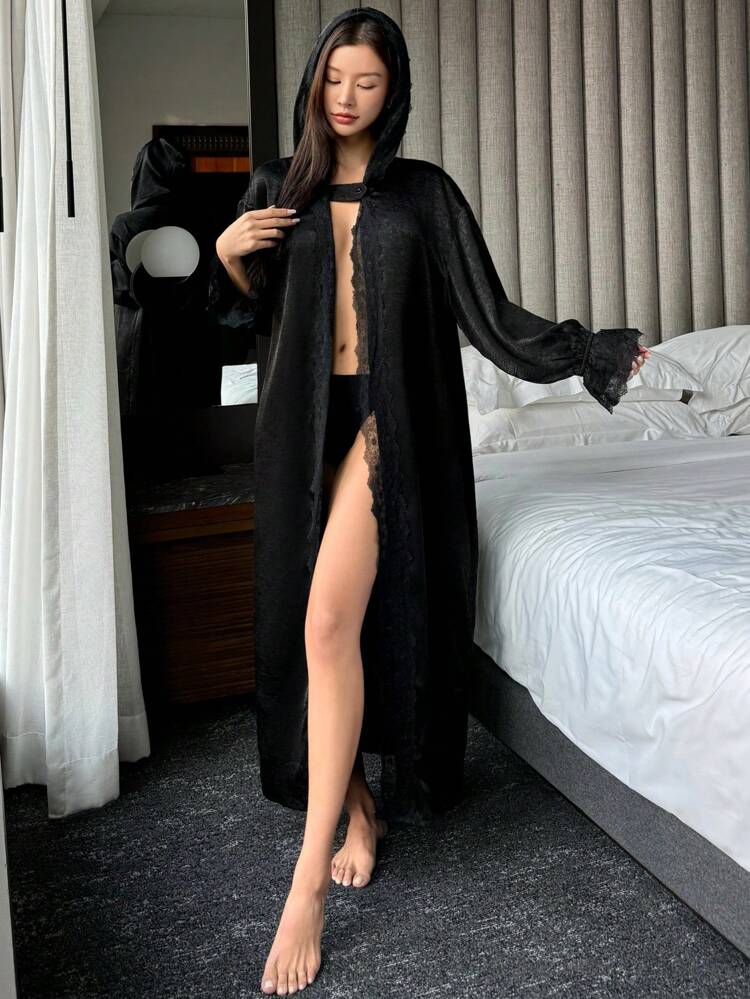 Ombre Lace Patchwork Hooded Robe Pajama