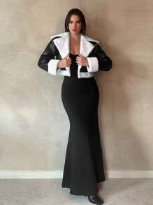 SHEIN Tall Teddy Bear Lined Short Black PU Leather Jacket - Black - View 3