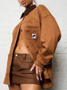 SUMWON WOMEN Suede Workwear Utility Jacket With Contrast Collar Retro Style Fall Winter Casual Outerwear Patch Pockets Chunky Buttons Oversized