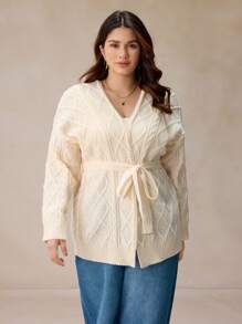 Elaquor Plus Size Casual Solid Color Drop Shoulder Loose Cable Knit Argyle Cardigan With Belt