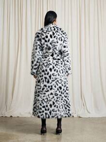 AiiRZ Luxury Faux Fur Long Winter Coat Snow Leopard Pattern Plush Animal Print Evening Party Occasion Statement Overcoat - Black and White - View 2