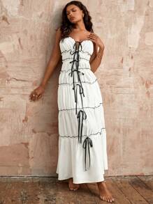 Opulessa Robe de mariée ajustée en couleur unie tressée avec nœud, robe d'été extra longue pour femmes
