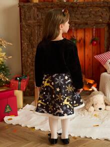 SHEIN 2pcs Girls Christmas Furry Black Deer Print Top & Overall Skirt Set, Autumn/Winter Child