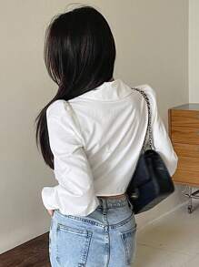 DAZY 1pc Solid Color Fitted Tie Sleeve Ladies Blouse,Fall Clothes Long Sleeve Top - White - View 2