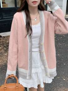 DAZY Áo khoác cardigan dệt kim rộng cổ chữ V phối màu cho nữ, đa năng, thời trang mùa thu - Hồng - Xem 3