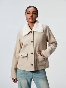 SHEIN Unity 1pc Women Casual Simple Textured Contrast Color Panel Button Front Lapel Cardigan, Apricot, Autumn/Winter Fall Cloth For Women - Apricot - View 4