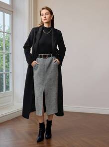 MOTF PREMIUM CHEVRON PRINT SLANT POCKET SPLIT HEM BELTED SKIRT