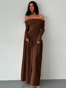 Aloruh New Apricot Off-Shoulder High Waist A-Line Long Sleeve Bodycon Dress, Stretchy & Slimming, Summer Dresses For Women,Tea Party Dress