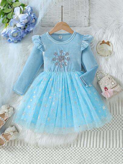 SHEIN Glamorique Kids Young Girls Party Dress - Blue Velvet Fabric With Snowflake Sequin Embroidery, Sheer Mesh Puff Sleeves, Elegant For Halloween, Parties And Events