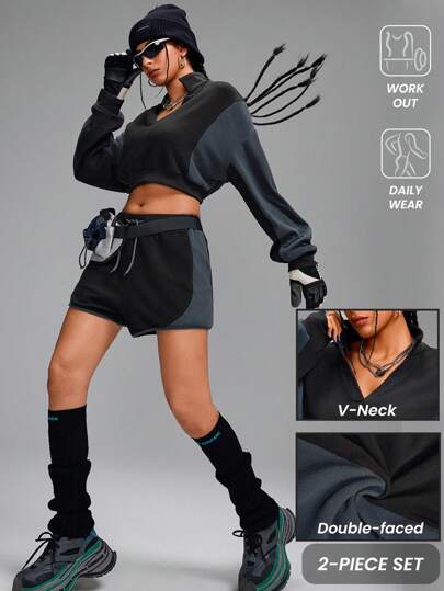 Innovista 两件套女士舒适抓绒撞色V领长袖短袖卫衣短裤运动套装，运动服，女童运动服套装，抓绒套装，适合徒步、登山和运动，户外保暖，秋季女装，实用时尚