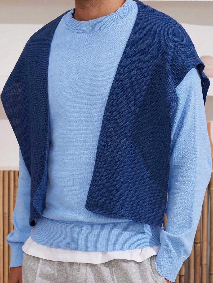 Manfinity Homme 男士纯色开衫简约针织休闲日常装 - 藍色 - 查看 1