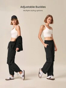 GLOWMODE 30'' VitalSwift Straight-Leg Drawstring Waist Cargo Pants With Side Pockets Daily Casual - Black - View 2