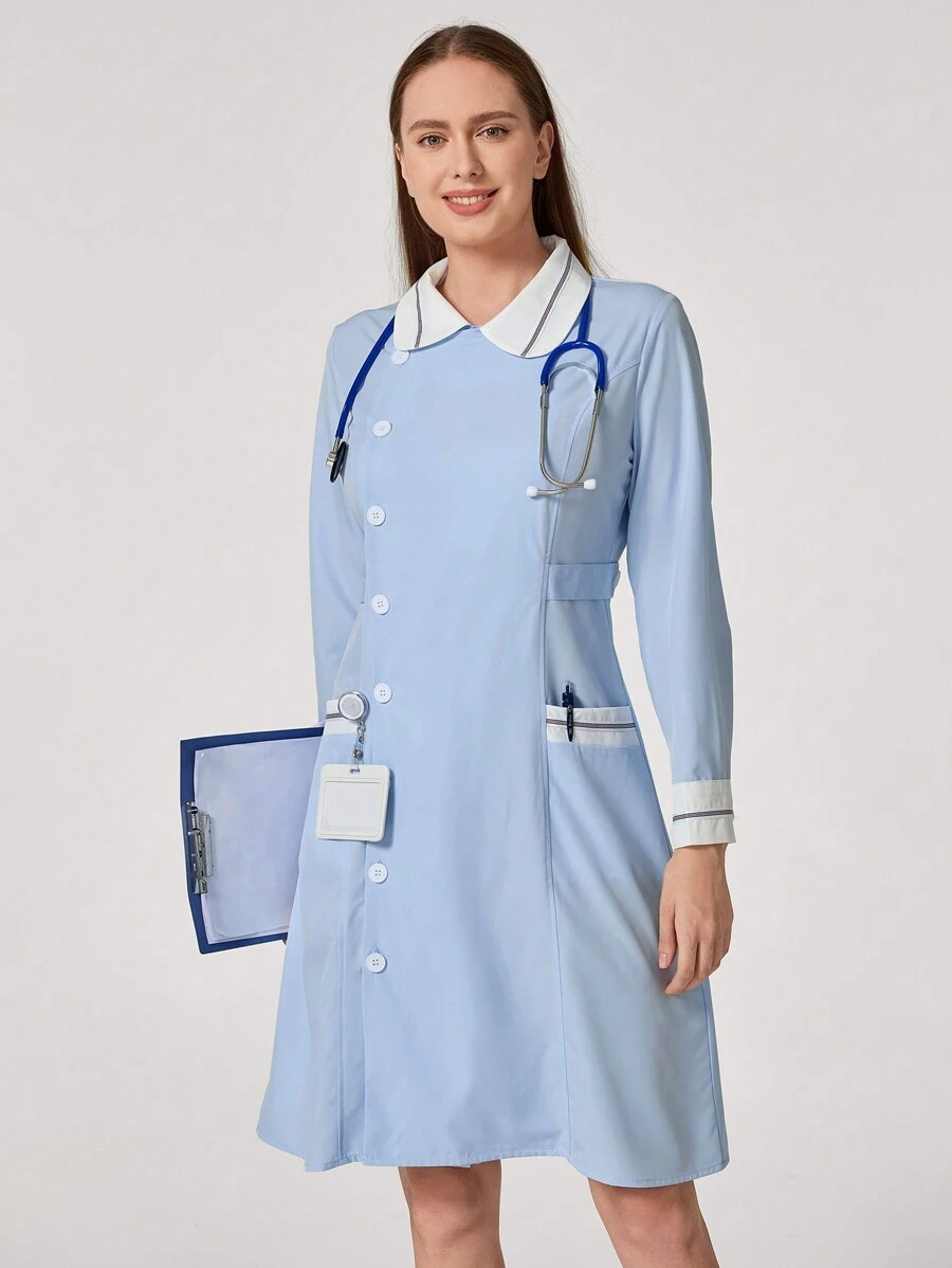 TaskEZ 1 件长袖拼色前扣口袋休闲护士制服连衣裙 - 藍色 - 查看 1