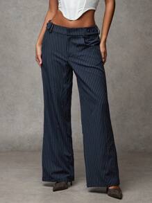 SHEIN BAE Pantalones anchos de mujer de cintura baja con botones decorativos y rayas azul marino, pantalones casuales versátiles para ir a la oficina o paseo