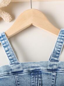 女婴 3 件套：时尚荷叶边牛仔连体裤、白色长袖衬衫、喇叭牛仔裤，适合春秋季节 - 藍色 - 查看 4