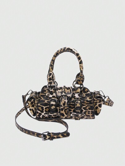 Grunge Punk New Fashionable Leopard Print Women Handbag, Ladies Punk Rivet Shoulder Bag, Casual Satchel