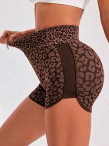 Easithlete Short de yoga sport sans couture à taille haute avec imprimé léopard extensible pour femmes. Short de transpiration, short de gym, short de cycliste